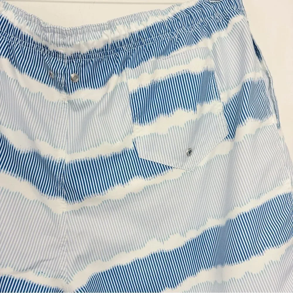Land's End White Blue Squiggle Stripe Mesh Lined Drawstring Waist Swim Trunks